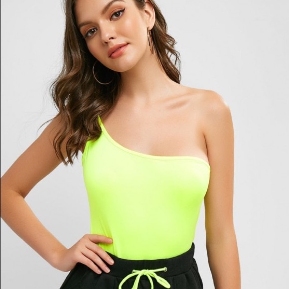 One Shoulder Neon Lime Green Bodysuit